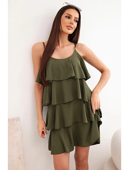 Dámské mini šaty na ramínka s volány khaki Dámské mini šaty na ramínka s volány khaki