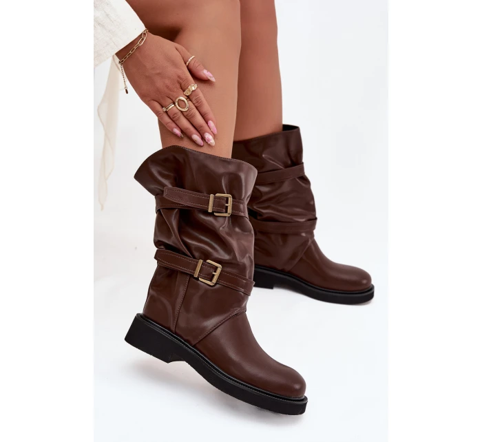 Vlněné dámské kozačky do poloviny lýtka s pásky a přezkami hnědé Halvessa