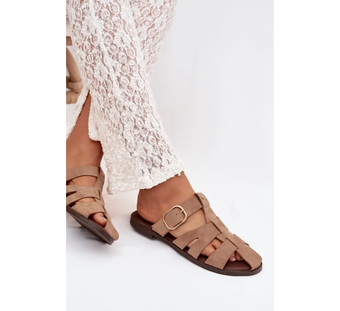 Dámské nazouváky na ploché podrážce s pásky a zlatou sponou Bežové Elzora