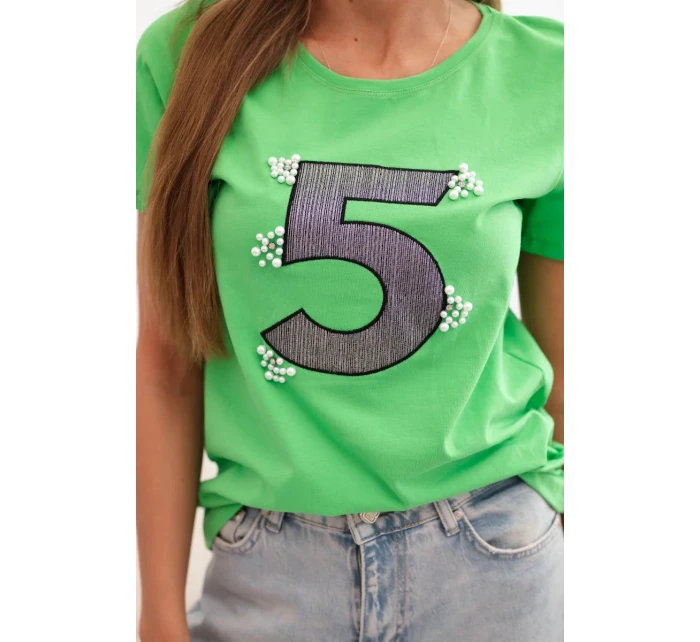 Dámská blůza s krátkým rukávem a nášivkou s perličkami zelená Dámská blůza s krátkým rukávem a nášivkou s perličkami zelená