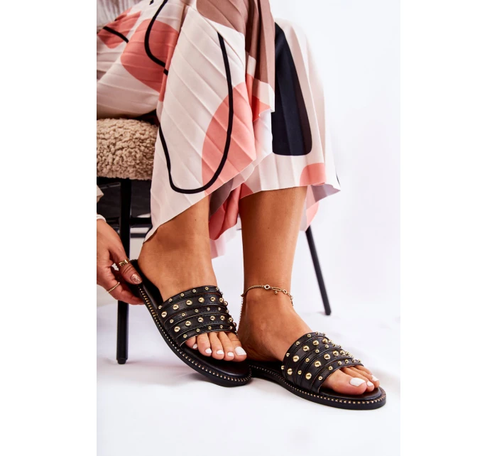 Dámské kožené pantofle s zdobením Černá model 21588465 - S.Barski