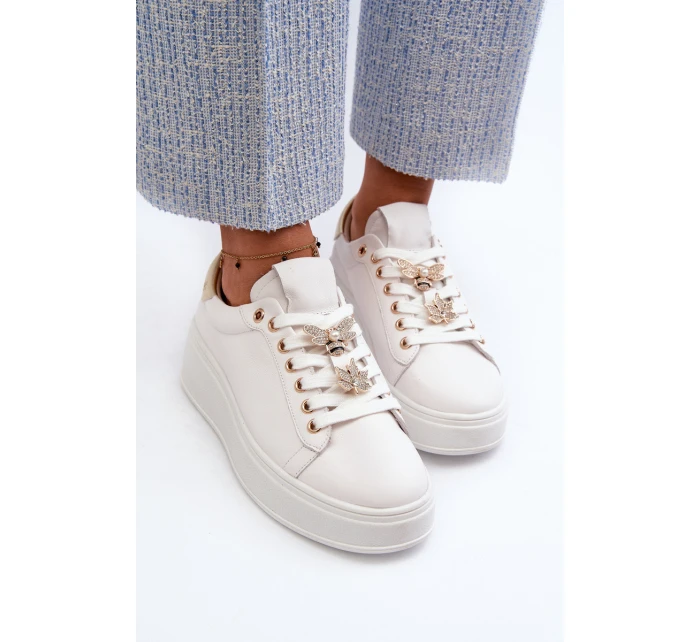 Dámské kožené tenisky na platformě s ozdobnými knoflíčky D&A SN67 Bílé