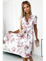 Šifonové řasené šaty s výstřihem a volánky Numoco - bílé s květy