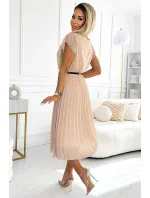 548-1 Plisované midi šaty s černým páskem - BEACH