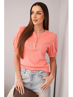 Dámská bavlněná žebrovaná halenka s nabíraným rukávem a knoflíky malinová