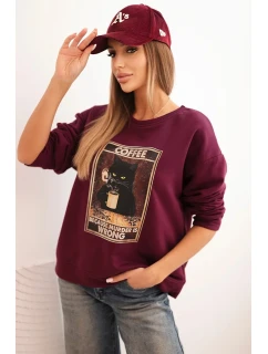 Dámská bavlněná mikina s potiskem kočky a nápisem švestková