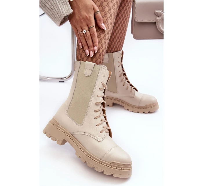 Kožené Dámské Botky Workery Šněrovací Světle Béžové Nicole model 21636175 - Boto Kožené Dámské Botky Workery Šněrovací Světle Béžové Nicole model 21636175 - Boto