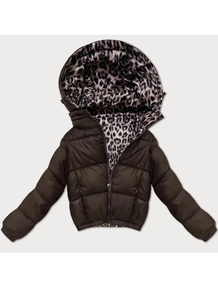 Oboustranná dámská krátká bunda v čokoládové barvě s panteřím vzorem model 21308841 - MINORITY