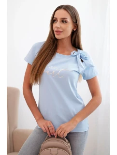 Dámská bavlněná halenka s mašlí na rameni a potiskem modrá