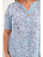 Dámská bavlněná halenka plus size s krátkým rukávem a ozdobným knoflíkem modrá