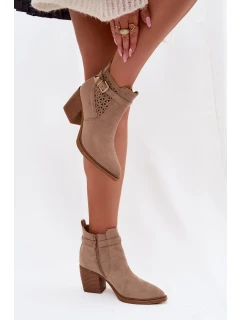 Dámské perforované kotníkové boty na podpatku s vzorem a zlatým přezkou Béžové model 22009808 - Boto