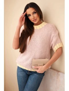 Dámský svetr s krátkým rukávem a kontrastním lemem tmavě pudrově růžový