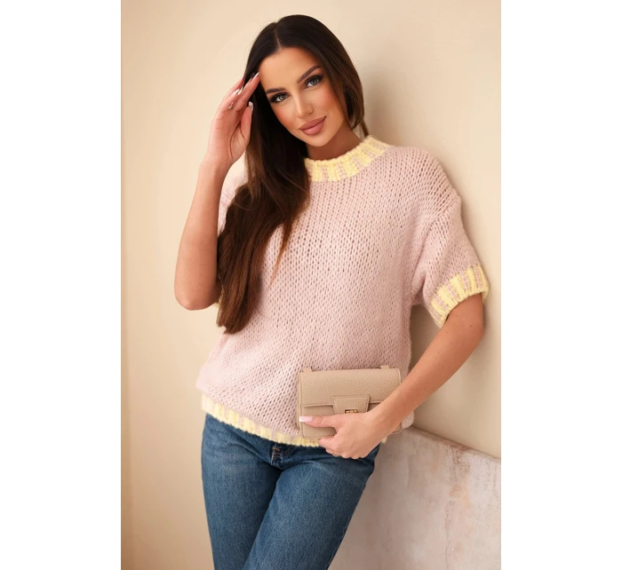 Dámský svetr s krátkým rukávem a kontrastním lemem tmavě pudrově růžový