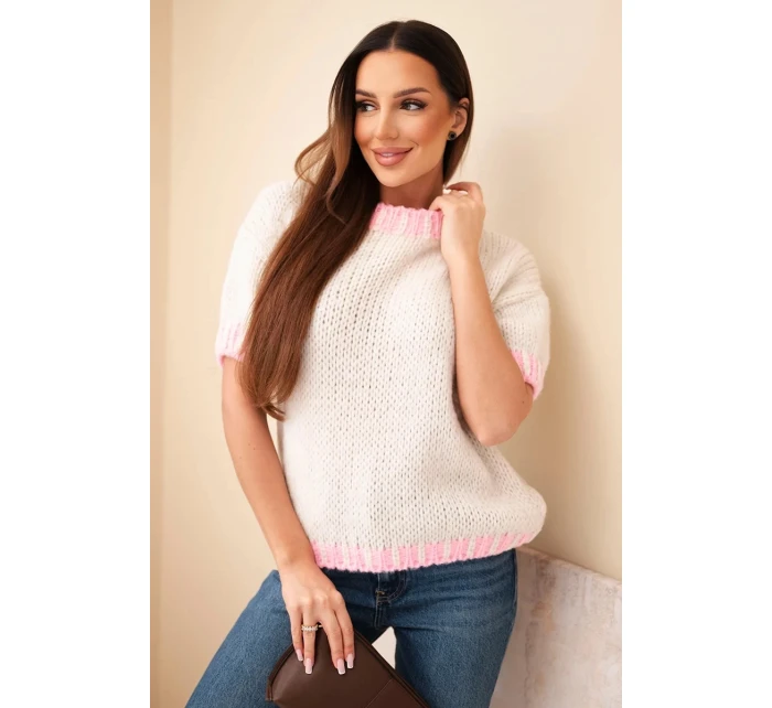 Dámský svetr s krátkým rukávem a model 21949248 lemováním béžový - K-Fashion