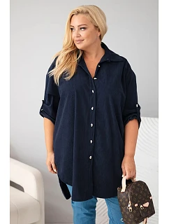Dámská košile Plus Size z viskózy manšestrová s odepínacími rukávy modrá