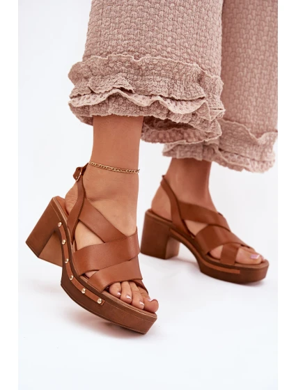 Kožené sandály na podpatku model 21699711 hnědé - Zazoo