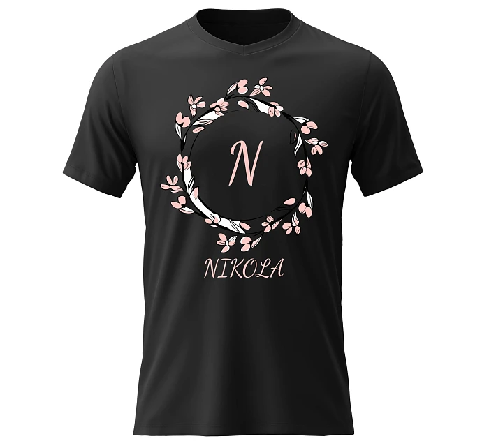 Dámské bavlněné tričko s potiskem - KVĚTINOVÝ MOTIV SE JMÉNEM - NIKOLA - černé