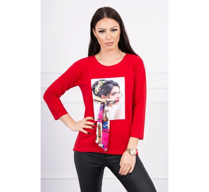 Halenka s grafickou a barevnou 3D mašlí červená Halenka s grafickou a barevnou 3D mašlí červená