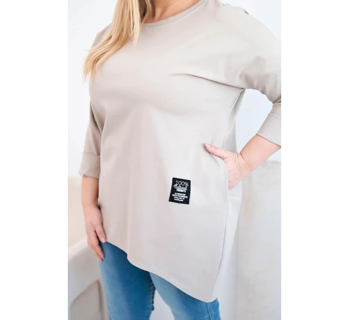 Dámská blůza Plus Size s delším zadním dílem a dlouhým rukávem tmavě béžová