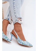 Ozdobené dámské sandály na jehlovém podpatku s květinovým vzorem modré model 22103131 - Boto