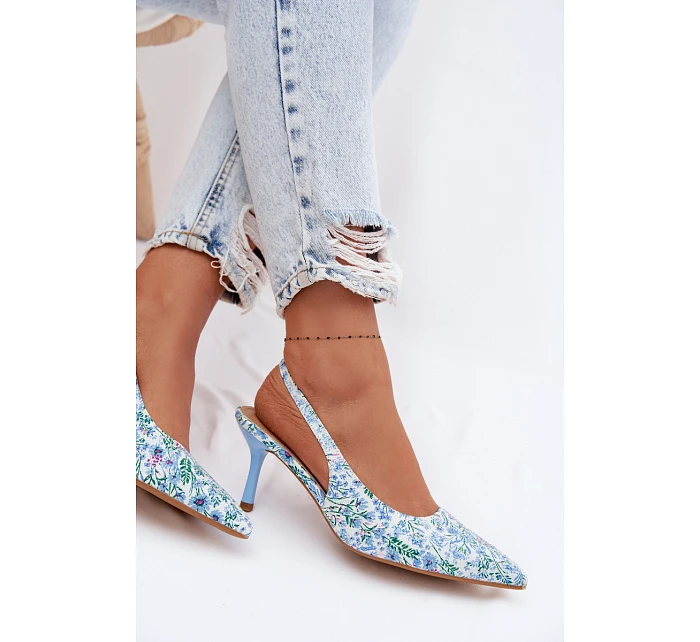 Ozdobené dámské sandály na jehlovém podpatku s květinovým vzorem modré model 22103131 - Boto