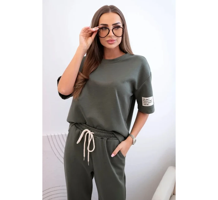 Dámský viskózový komplet s krátkým rukávem a nohavicemi khaki