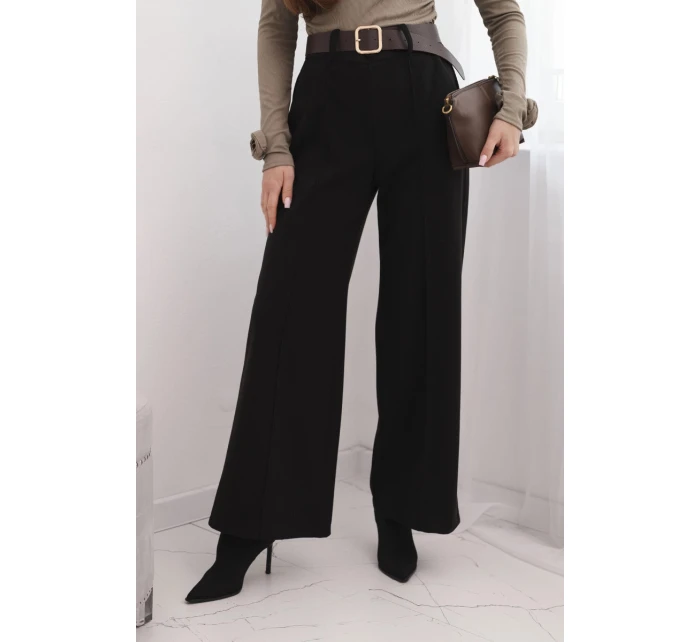 Dámské elegantní kalhoty s páskem a širokou nohavicí černé Dámské elegantní kalhoty s páskem a širokou nohavicí černé