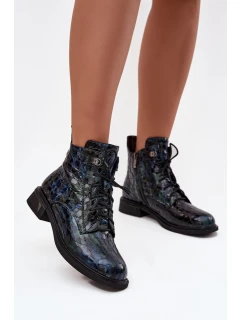Lakované dámské kotníkové boty z pravé kůže model 21713838 tmavě modré - D&A