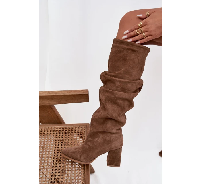 Vlnité kozačky z přírodního semiše na podpatku zateplené Zazoo 4228 světle hnědé