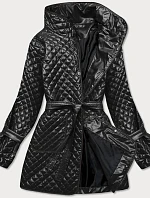 Černá prošívaná dámská bunda s páskem (7262)