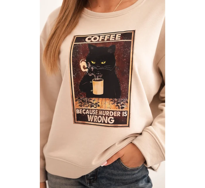 Dámská bavlněná mikina s potiskem kočky a nápisem béžová