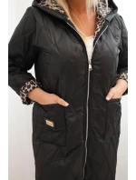 Dámská prošívaná bunda Plus Size s podšívkou v leopardím vzoru a kapucí černá