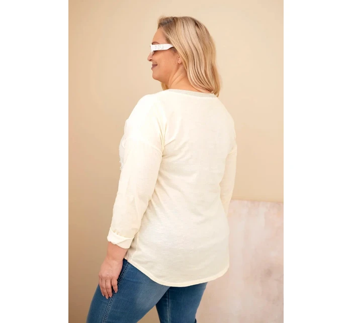 Dámská blůza Plus Size s potiskem a perlami žlutý