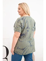 Dámská bavlněná halenka Plus Size s krátkým rukávem a kapsou khaki Dámská bavlněná halenka Plus Size s krátkým rukávem a kapsou khaki