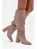 Dámské zateplené kozačky na podpatku Zazoo – béžové, pravý zamsz Dámské zateplené kozačky na podpatku Zazoo – béžové, pravý zamsz