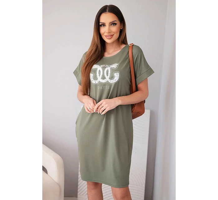 Dámské viskózové šaty s krátkým rukávem a ozdobným potiskem khaki