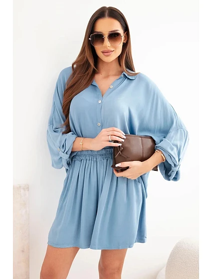 Dámský viskózový komplet košile s knoflíky a volné kraťasy džínový