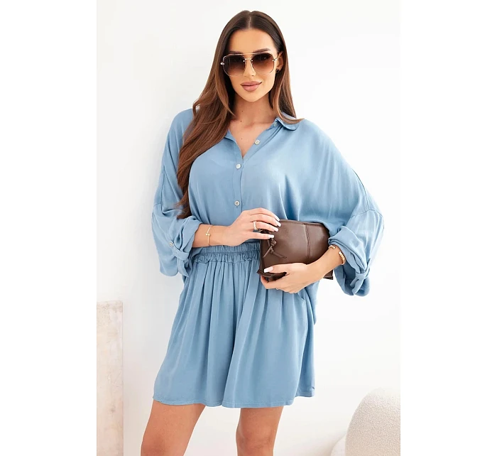 Dámský viskózový komplet košile s knoflíky a volné kraťasy džínový