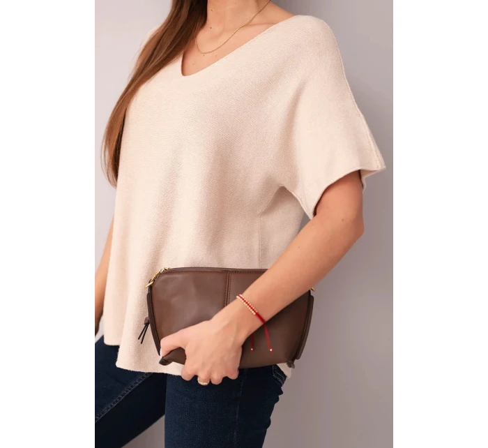 Dámská svetr s krátkým rukávem a výstřihem do V béžová