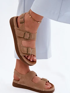 Kožené semišové dámské sandály s přezkami model 22125959 hnědé - VINCEZA