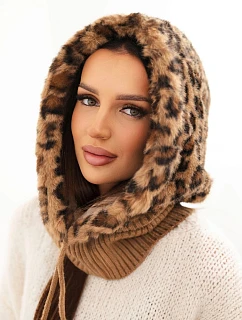 Dámská čepice s kapucí s kožešinou v leopardí vzor s vázačkou camelová