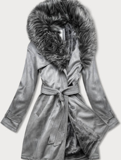 Šedý dámský semišový zimní kabát s páskem (6515)
