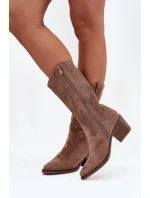 Dámské perforované kozačky Olivette – kovbojky na podpatku – tmavě béžové Dámské perforované kozačky Olivette – kovbojky na podpatku – tmavě béžové