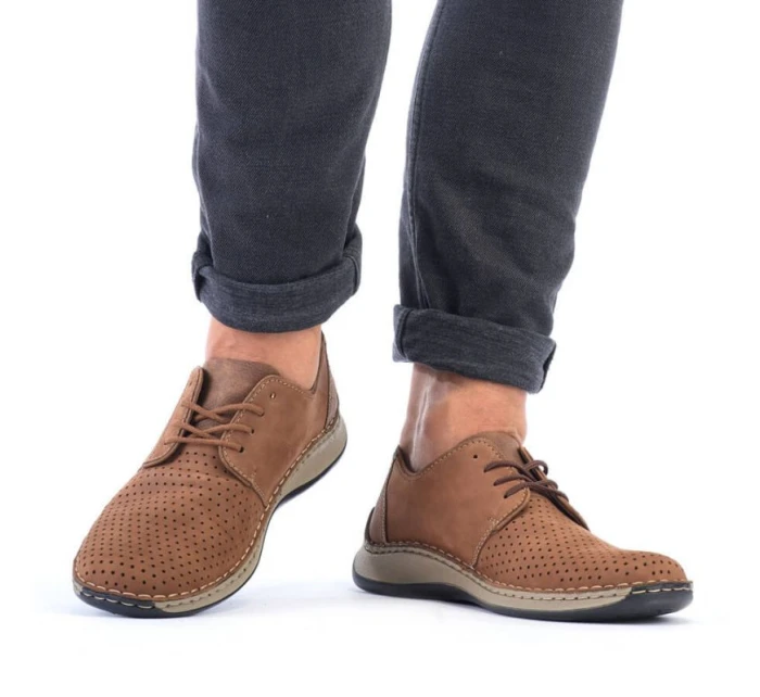 Kožené polobotky Rieker M RKR528 hnědé s ažurovým vzorem