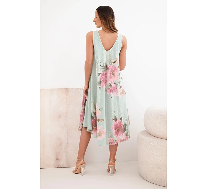 Dámské bavlněné oversize šaty s výstřihem do V a květinovým potiskem tmavě mátové