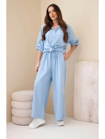 Dámský bavlněný komplet s vázanou košilí a širokými nohavicemi modrý