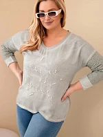 Dámská blůza Plus Size s nápisem a perlami khaki