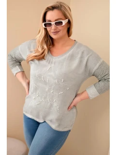 Dámská blůza Plus Size s nápisem a perlami khaki