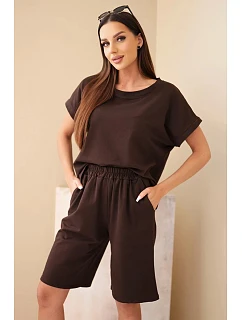 Dámský bavlněný komplet halenka krátký rukáv a kraťasy s gumičkou v pase hnědá