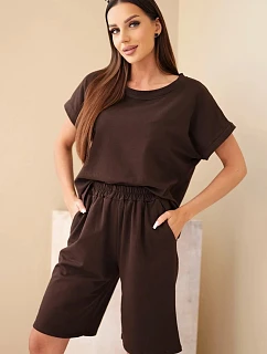 Dámský bavlněný komplet halenka krátký rukáv a kraťasy s gumičkou v pase hnědá